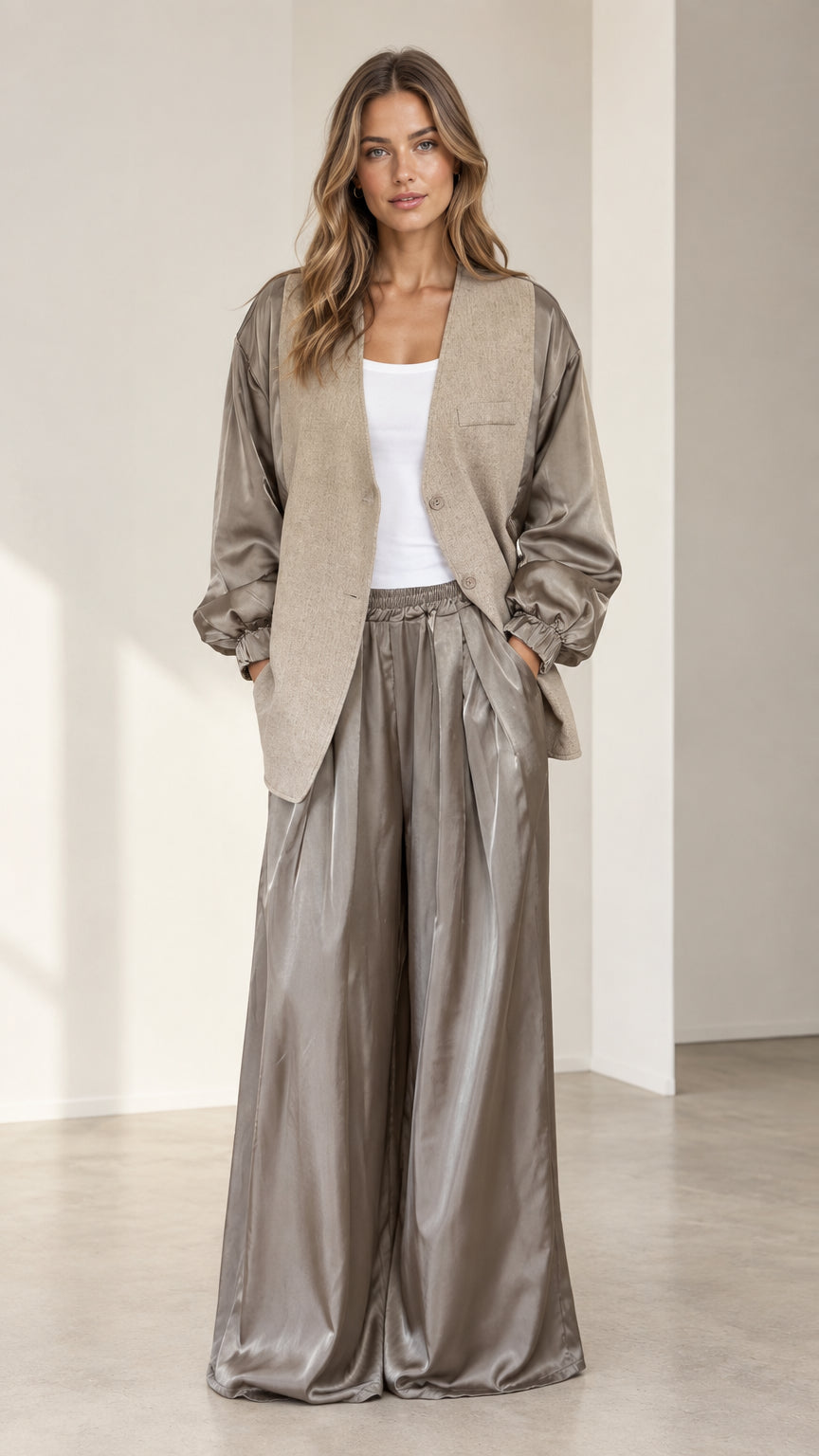 Front view of model wearing taupe textured blazer with satin balloon sleeves and matching wide-leg trousers
