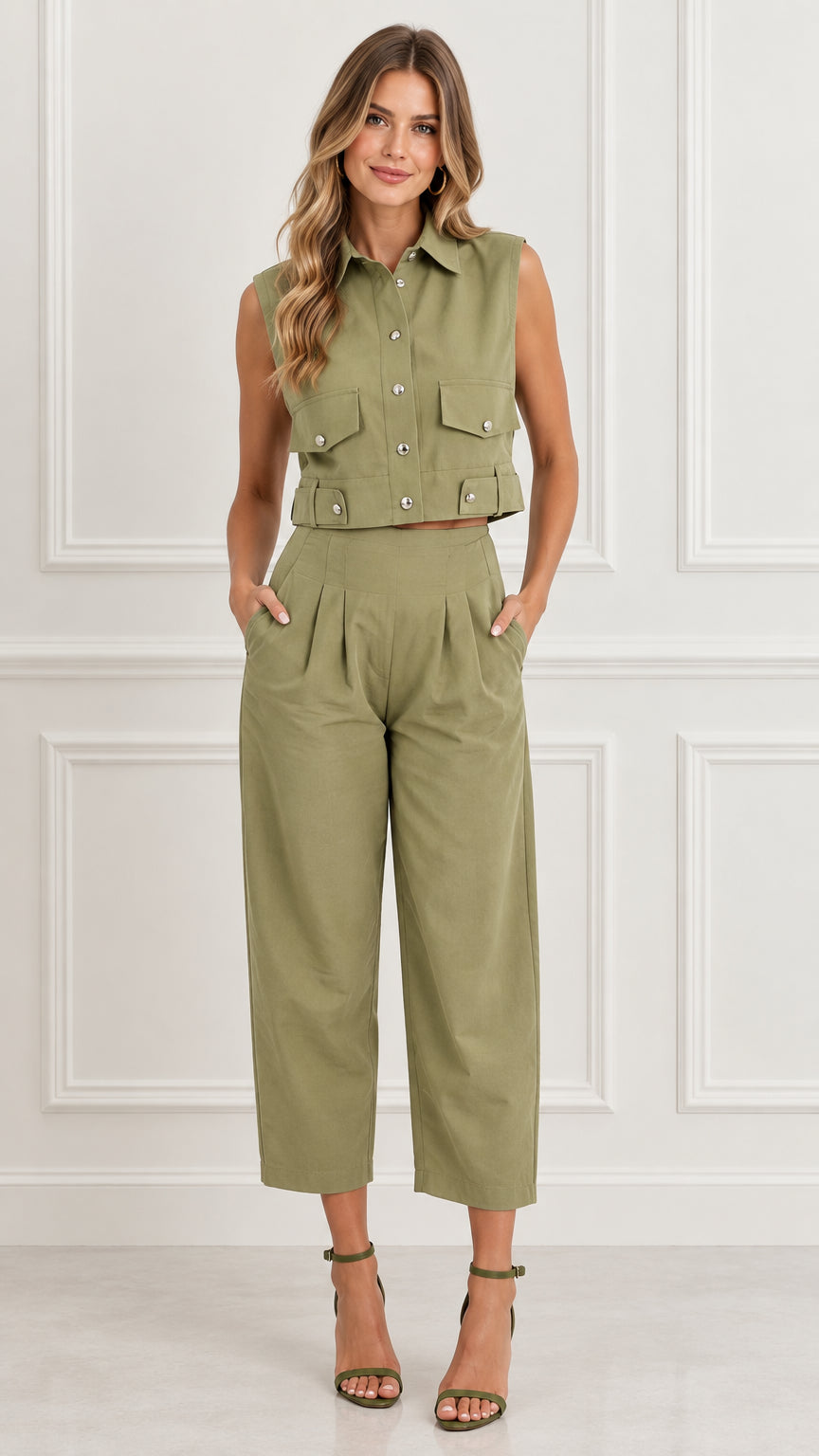 Front view of woman wearing Olive Green sleeveless utility crop top and pleated pants set