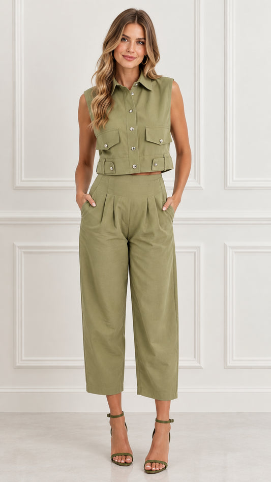 Front view of woman wearing Olive Green sleeveless utility crop top and pleated pants set