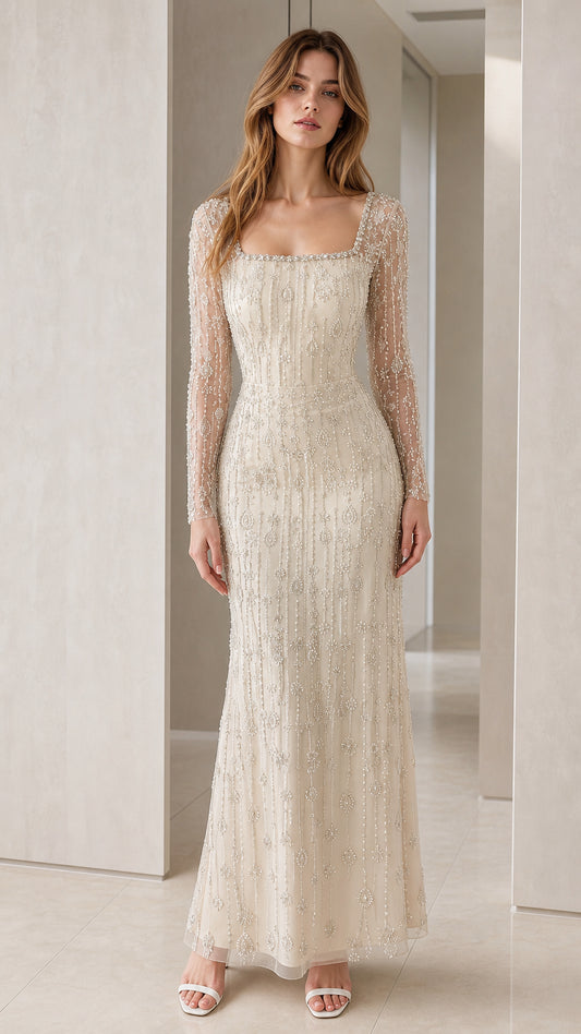 Front full view of Champagne beaded square neck long sleeve formal maxi dress