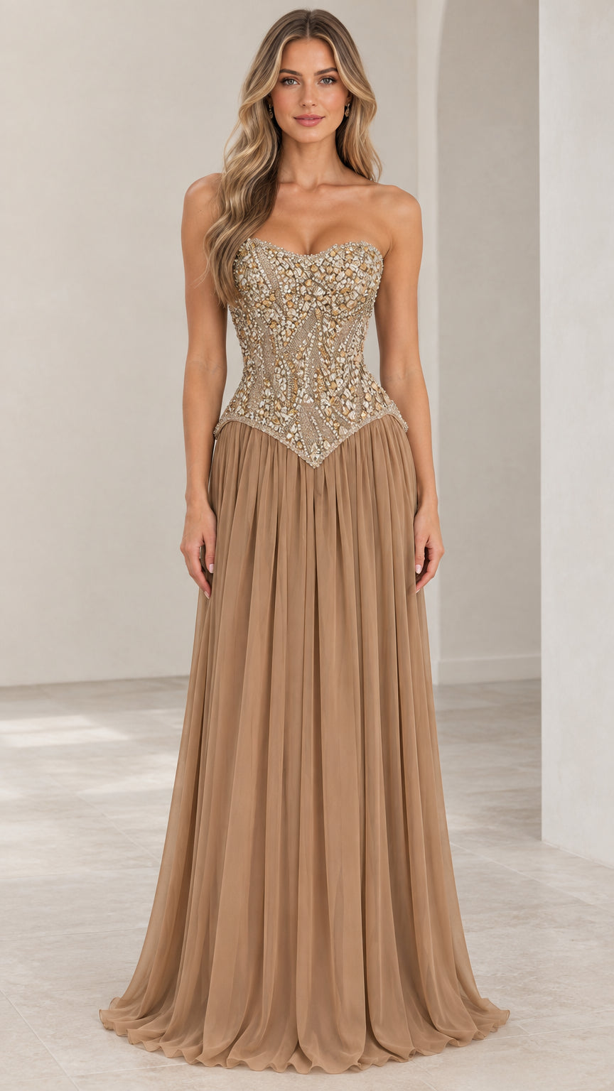 Front view of woman wearing champagne strapless beaded basque waist evening gown
