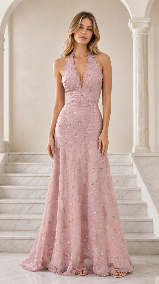 Front view of woman wearing Dusty Pink floral embroidered halter evening gown