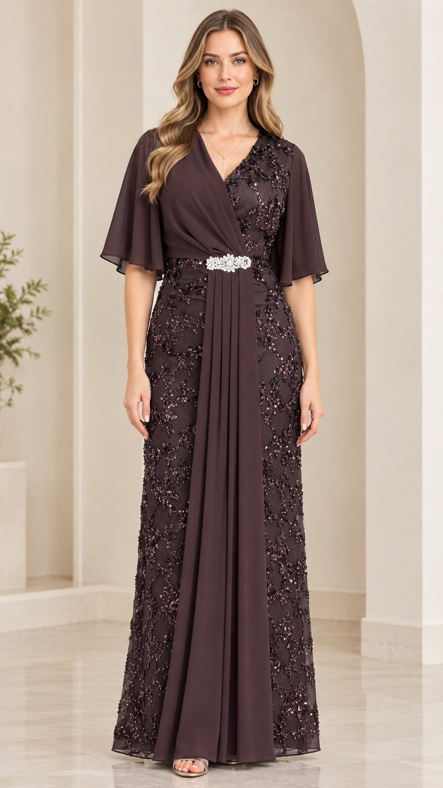 Front full-length view of model wearing dark plum sequin lace evening gown with flutter sleeves