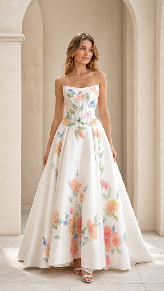 Strapless white satin ballgown with watercolor floral print and corset bodice front view
