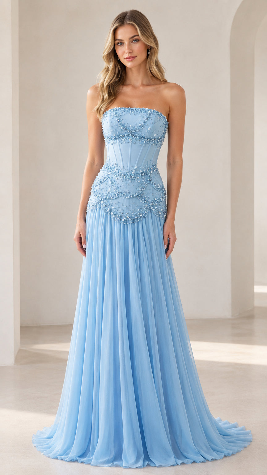 Front view of model wearing strapless sky blue pearl embellished corset gown