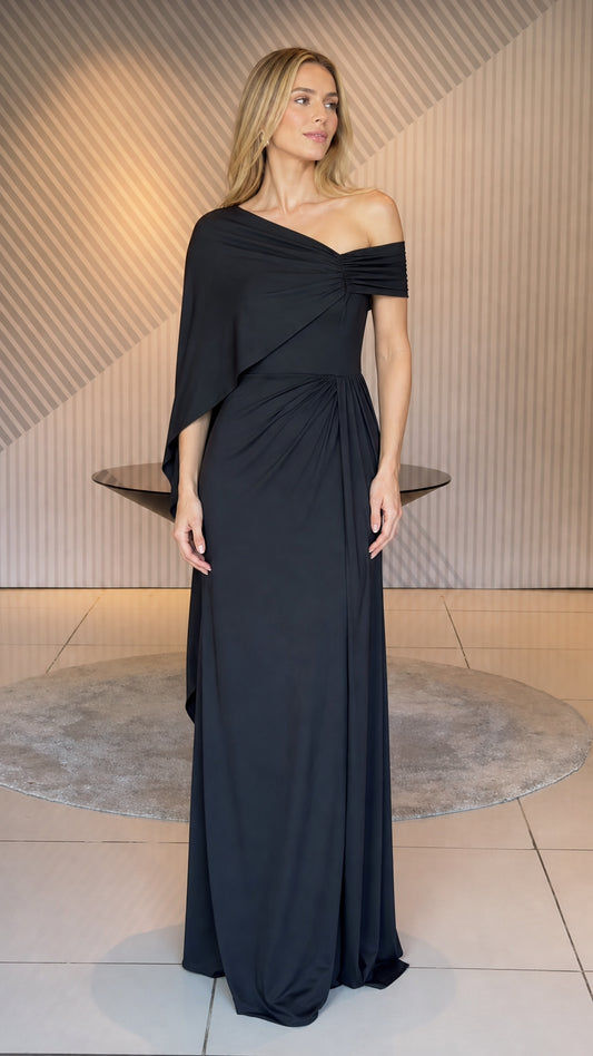 Front view of black one-shoulder drape evening maxi dress