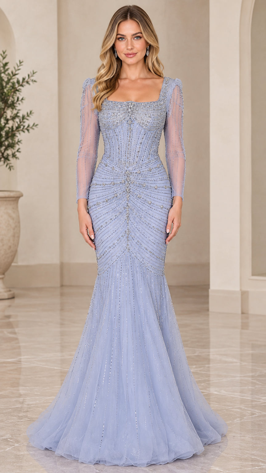 Periwinkle blue beaded mermaid evening gown with sheer long sleeves front view