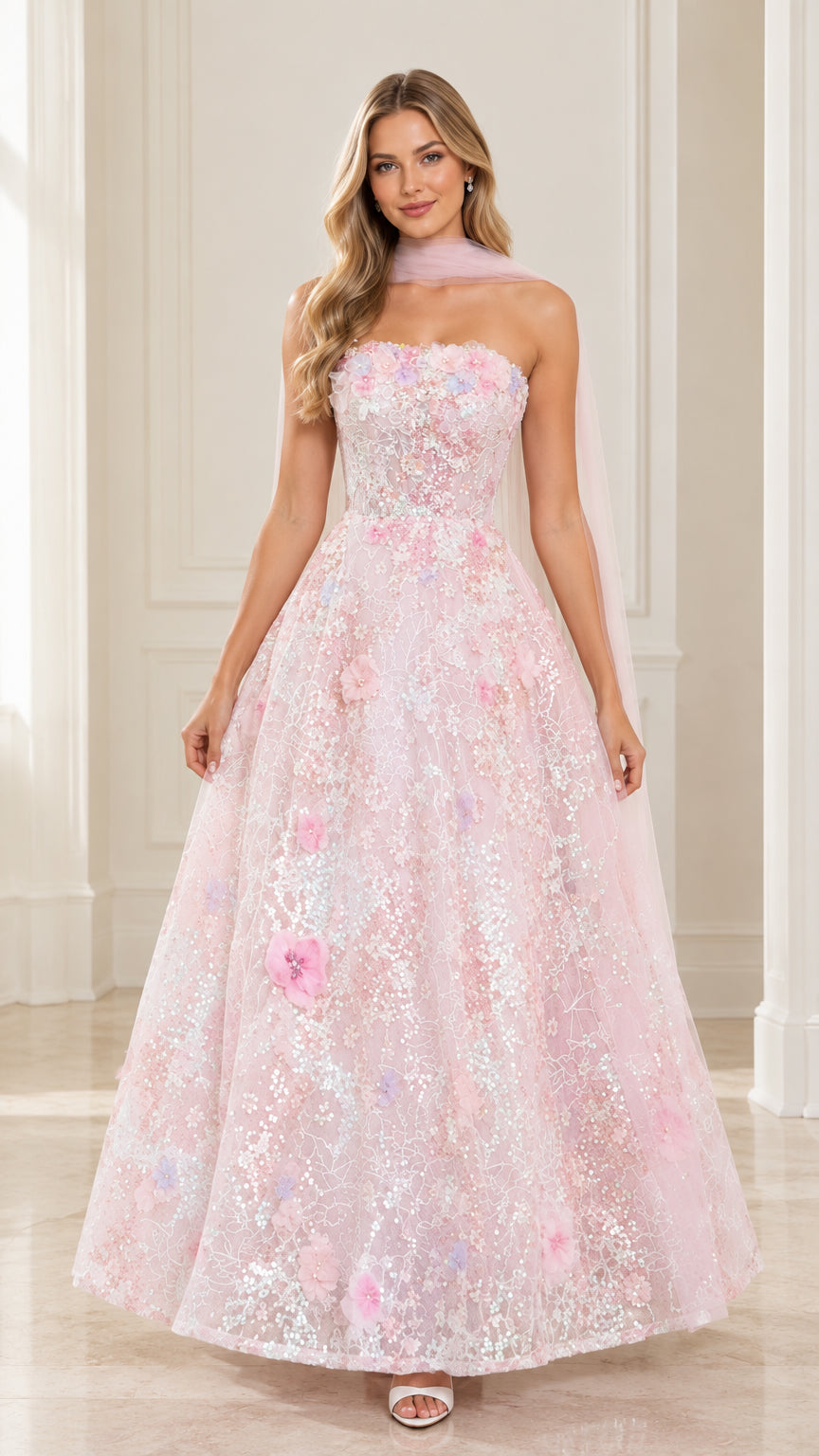 Front view of model wearing strapless blush pink 3D floral sequin evening gown with matching neck scarf