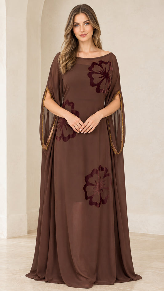 Front view of model wearing Chocolate Brown floral applique split sleeve kaftan maxi gown