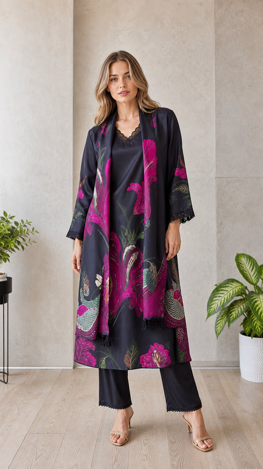 Model wearing black floral 3-piece cardigan set, front view