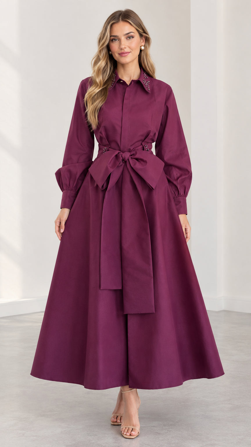 Front view of model wearing plum embellished collar maxi shirt dress with tie belt