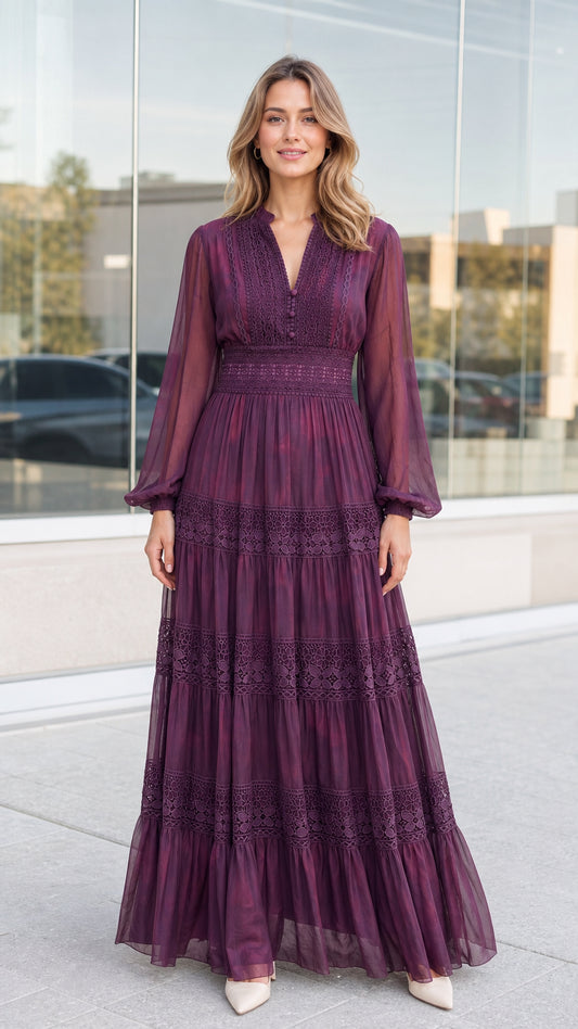Front full-length view of woman wearing plum lace trim tiered maxi dress