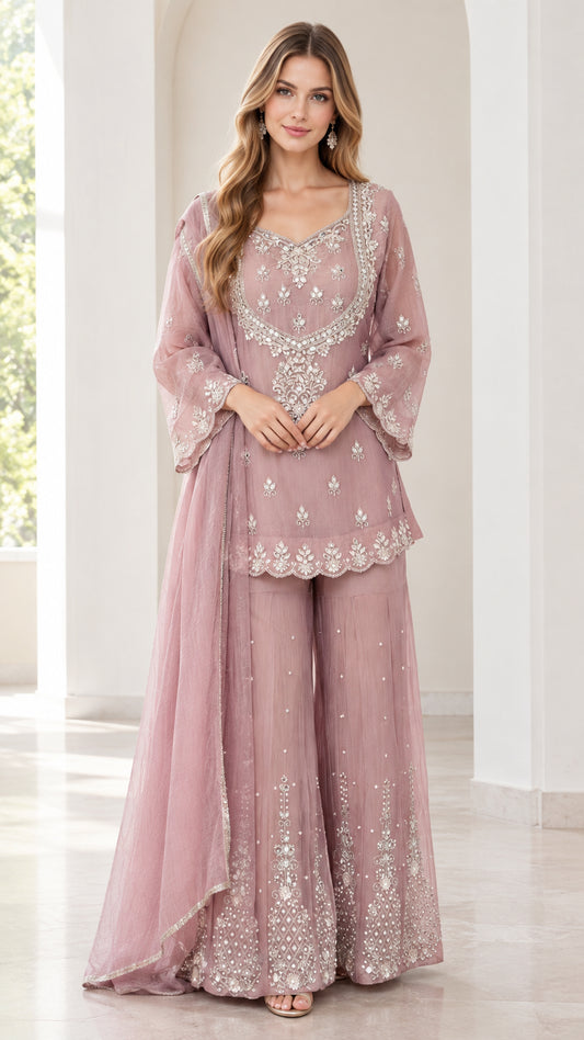 Full front view of women's embroidered dusty rose sharara suit set with flared pants and dupatta