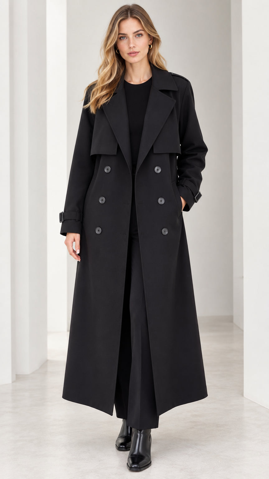Front full view of woman wearing black longline double-breasted maxi trench coat