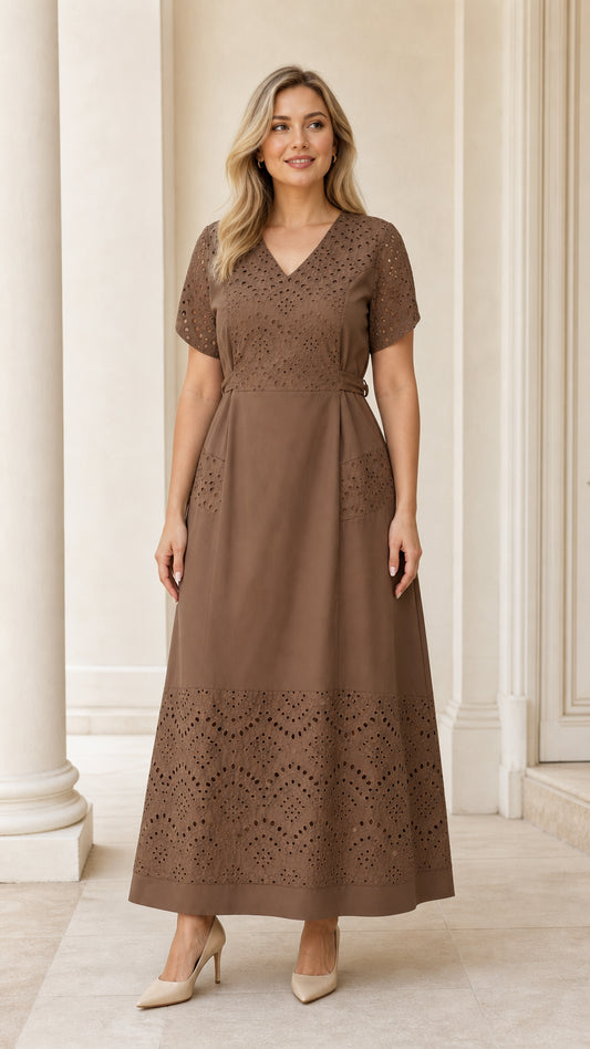 Front view of woman wearing mocha brown eyelet embroidered V-neck belted maxi dress