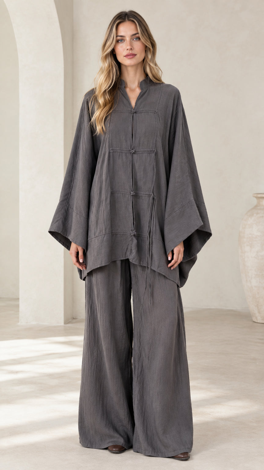 Full front view of women's charcoal gray 2-piece set with frog button tunic and wide leg pants
