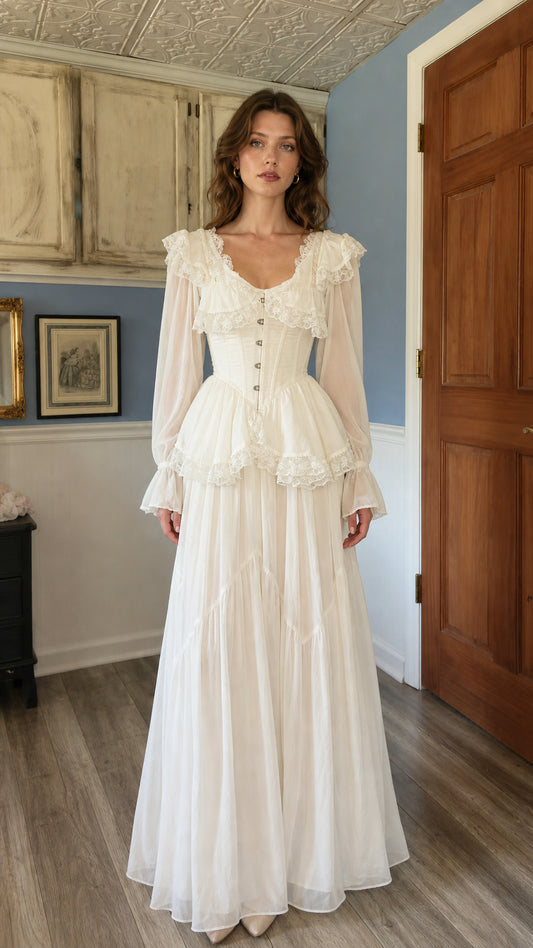 Front view of woman wearing white vintage corset style long sleeve ruffled maxi dress