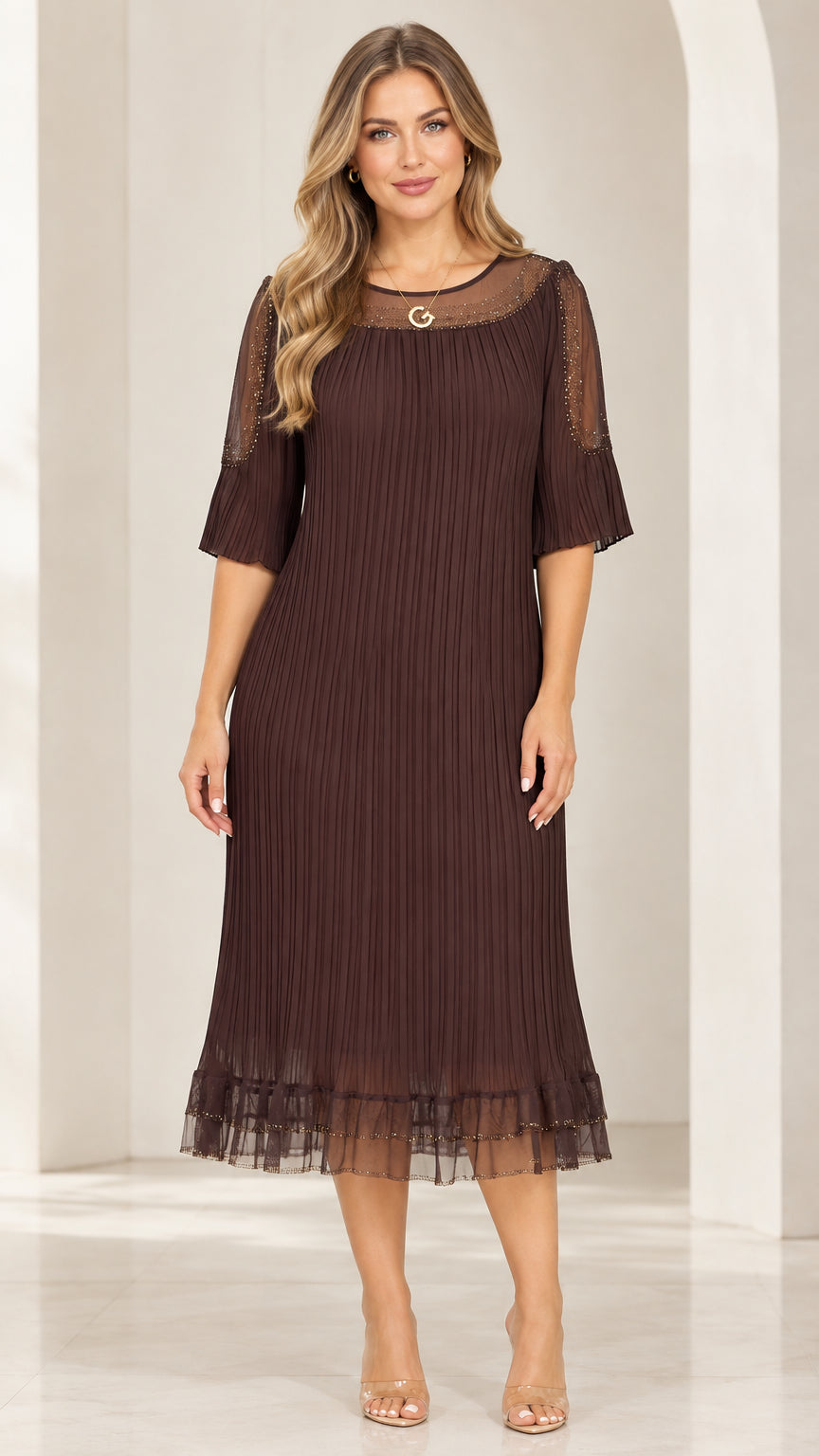 Front full-length view of woman wearing Coffee Brown sheer mesh rhinestone pleated midi dress