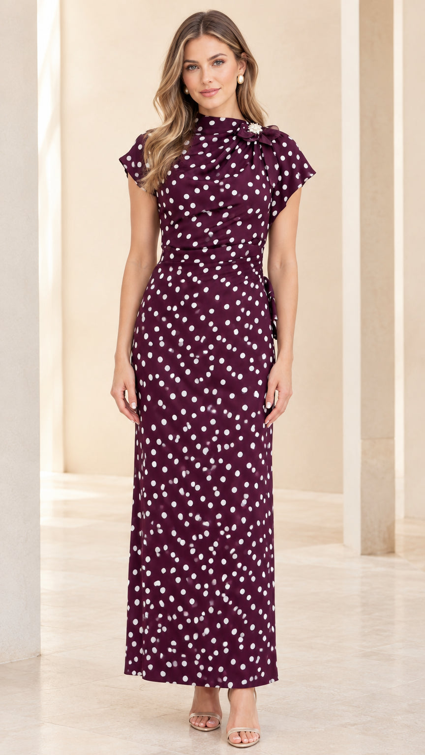 Model wearing Burgundy polka dot high-neck maxi dress with shoulder brooch, front view