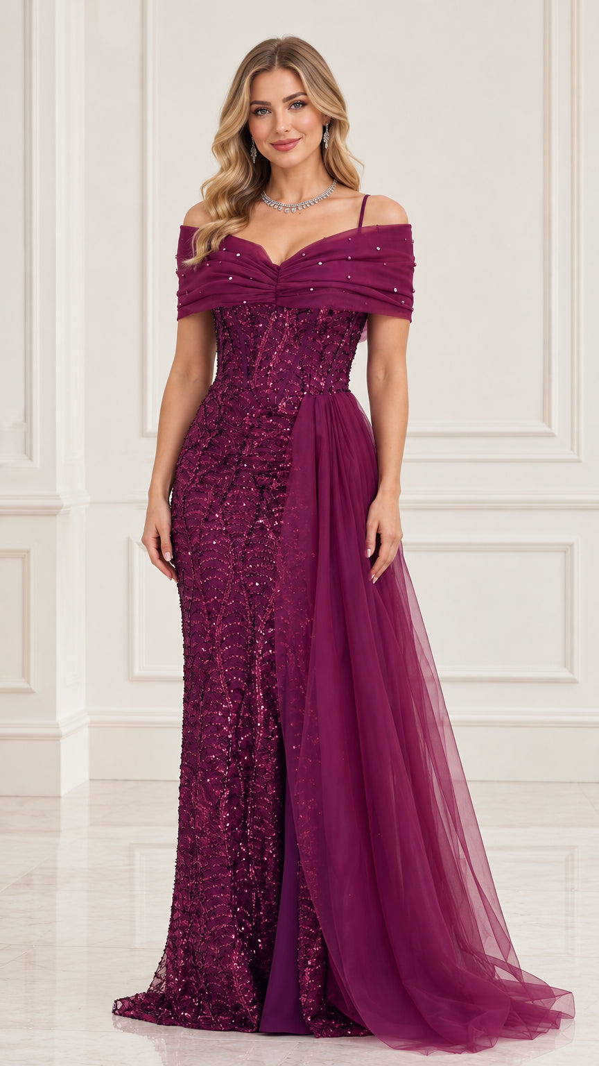 Front view of model wearing plum sequin off-the-shoulder evening gown with side tulle drape