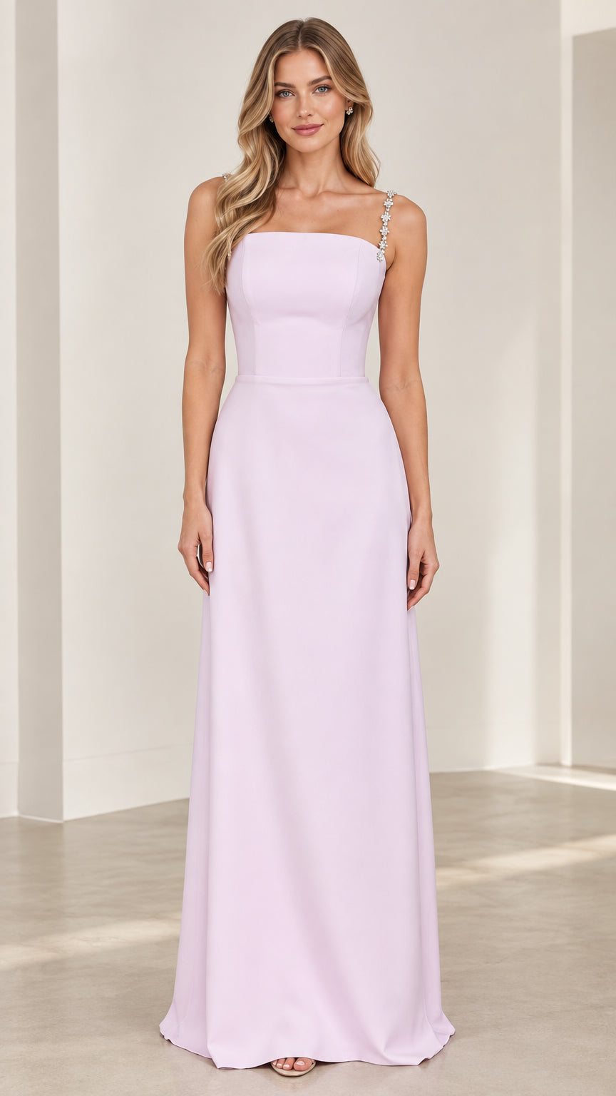Lilac floor-length evening gown with crystal floral straps front view