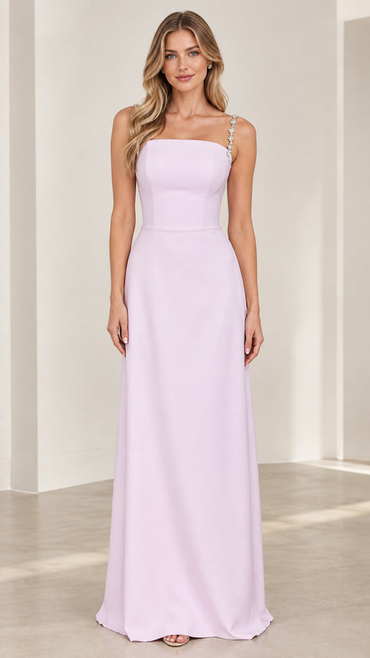 Lilac floor-length evening gown with crystal floral straps front view