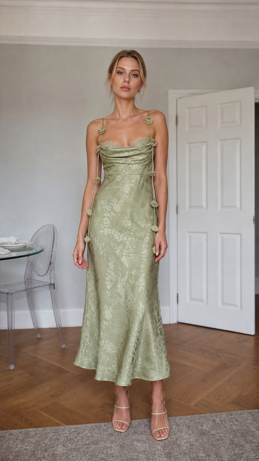 Sage Green satin floral midi dress front view