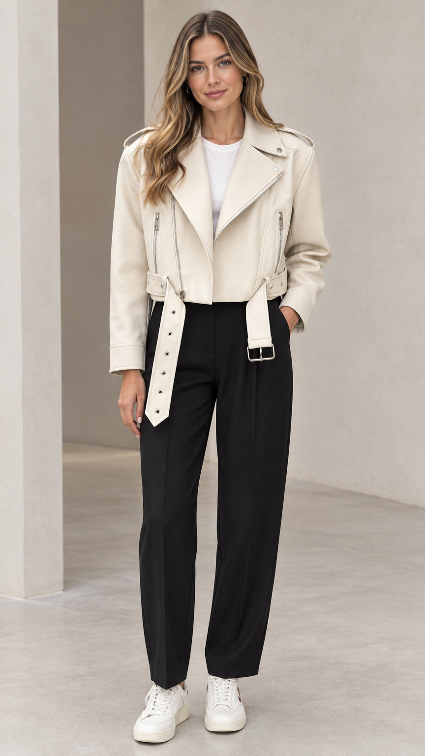 Front view of woman wearing cream cropped faux leather moto jacket with belt and black trousers