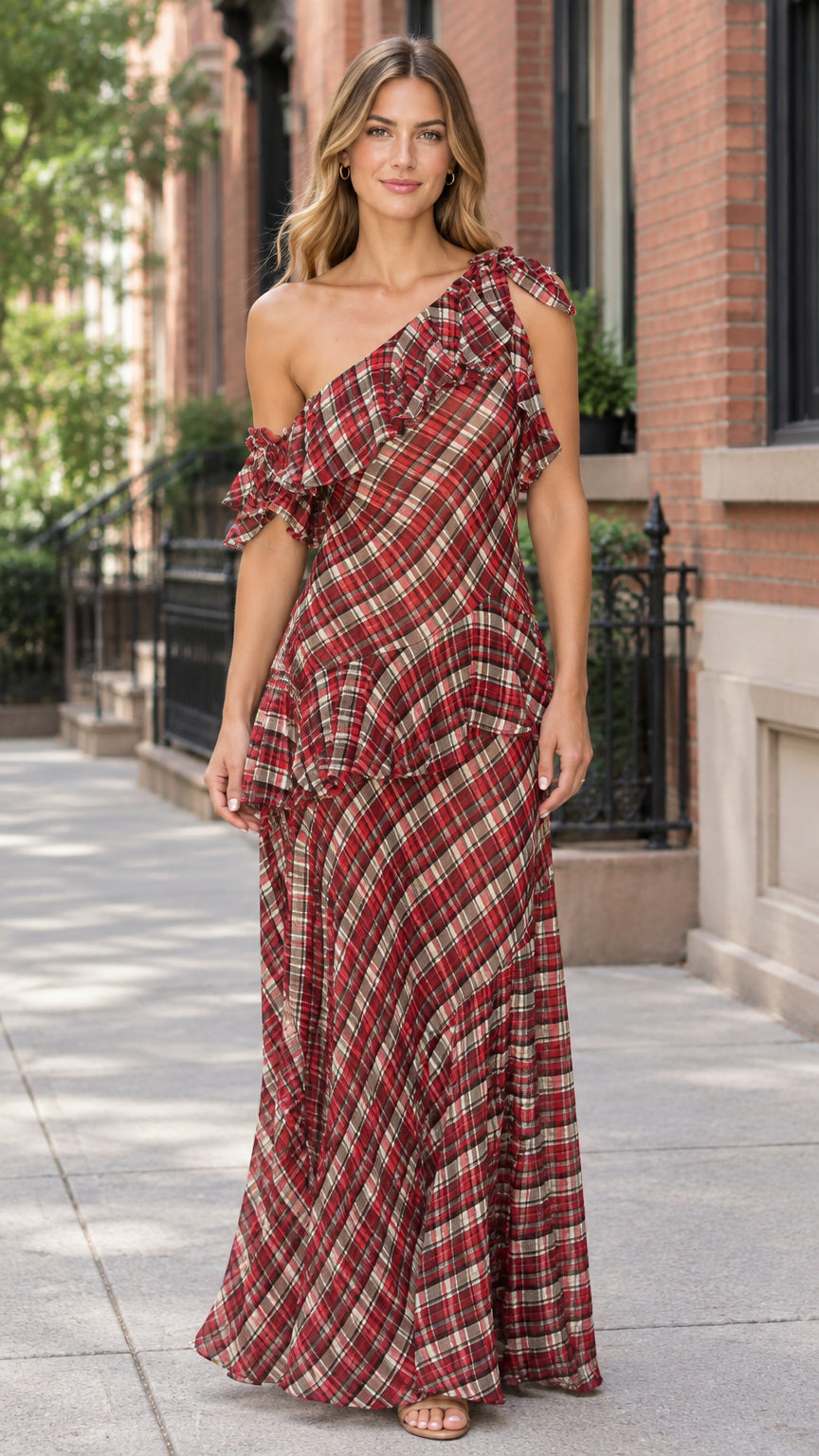 Front full view of woman wearing burgundy plaid one-shoulder maxi dress with ruffle detailing