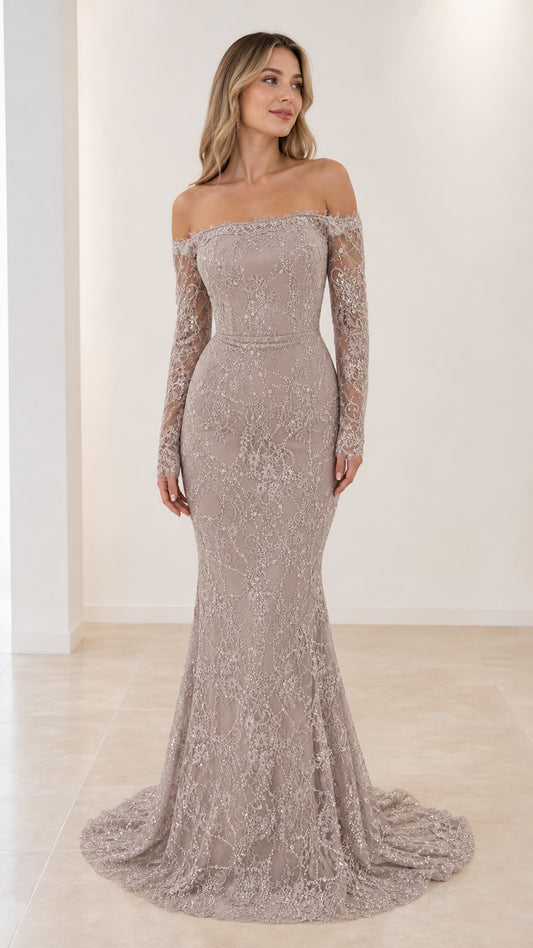 Front view of model wearing Silver Gray off-the-shoulder sequin lace mermaid evening gown with train