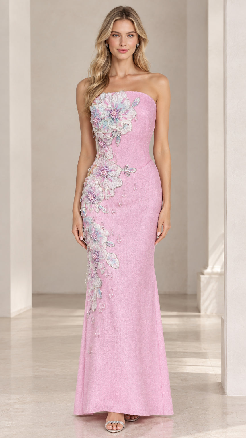 Front view of model wearing pink strapless floral applique mermaid evening gown