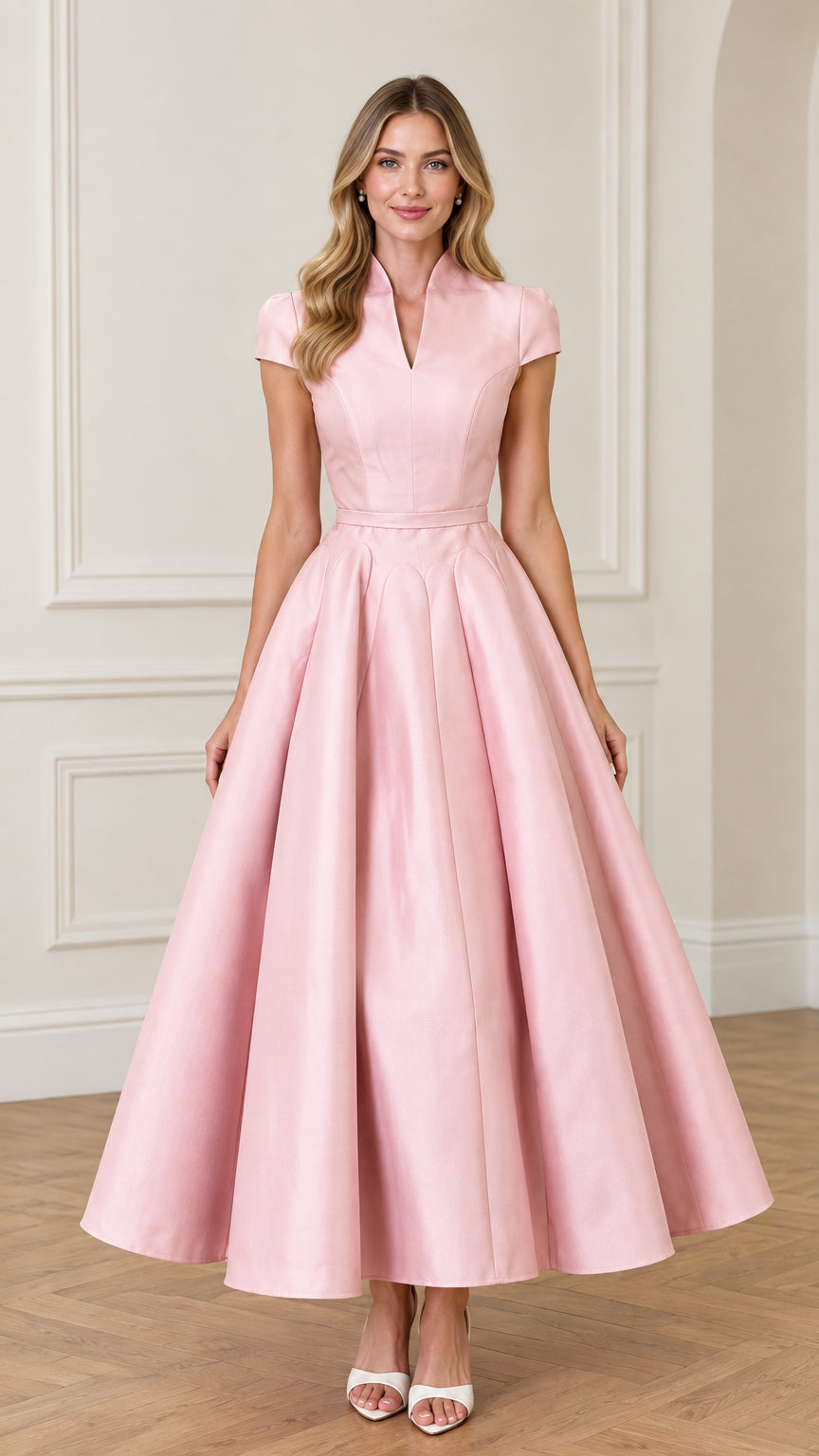 Front view of woman wearing Pink split neck cap sleeve pleated maxi dress
