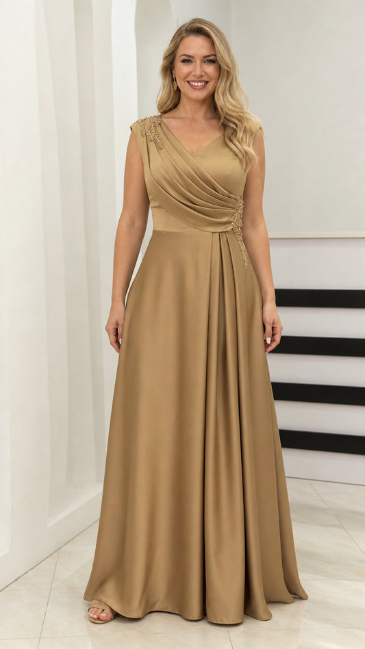 Front view of model wearing gold V-neck evening dress