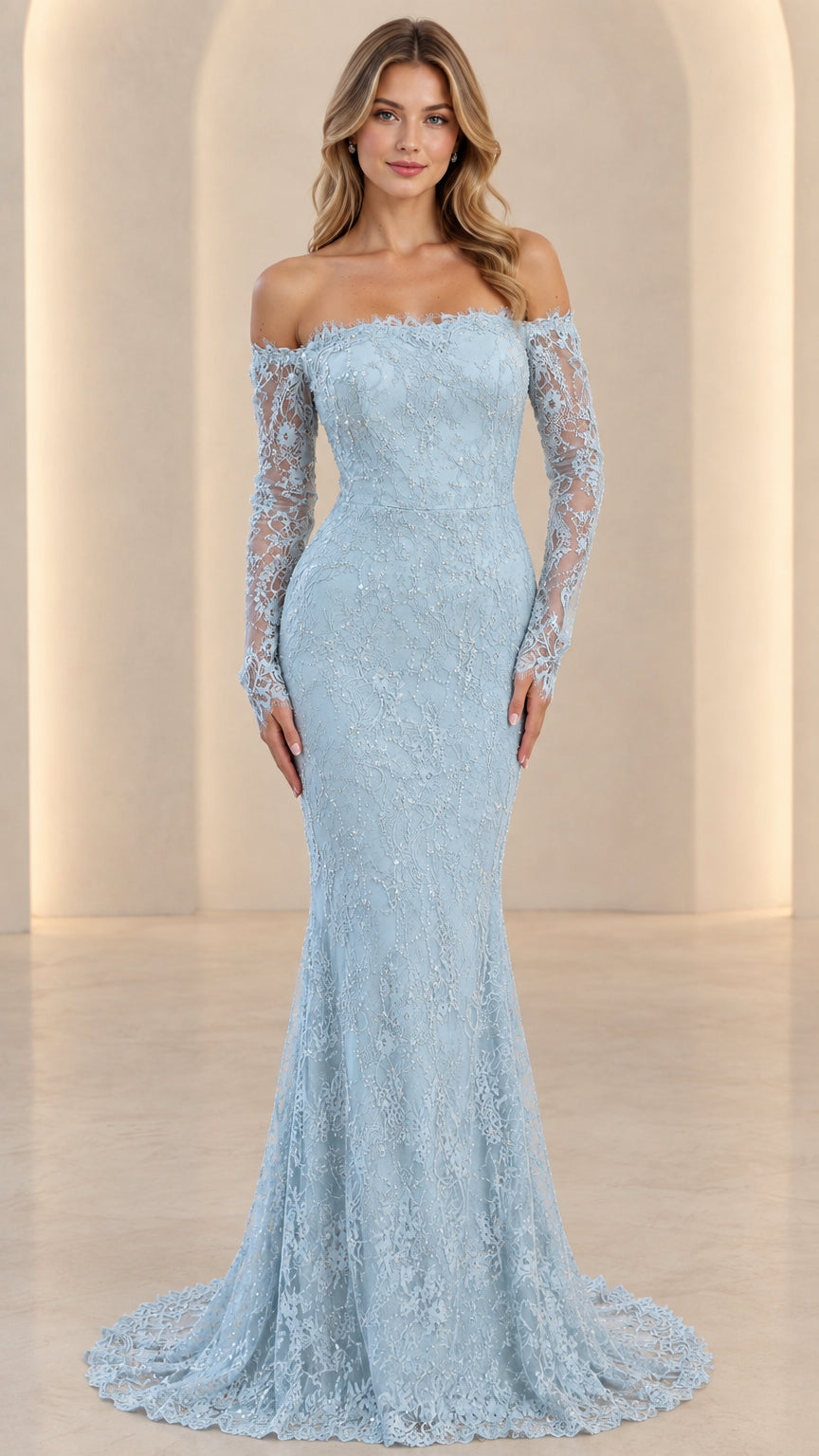 Front full view of woman wearing off-the-shoulder long sleeve lace mermaid gown in light blue