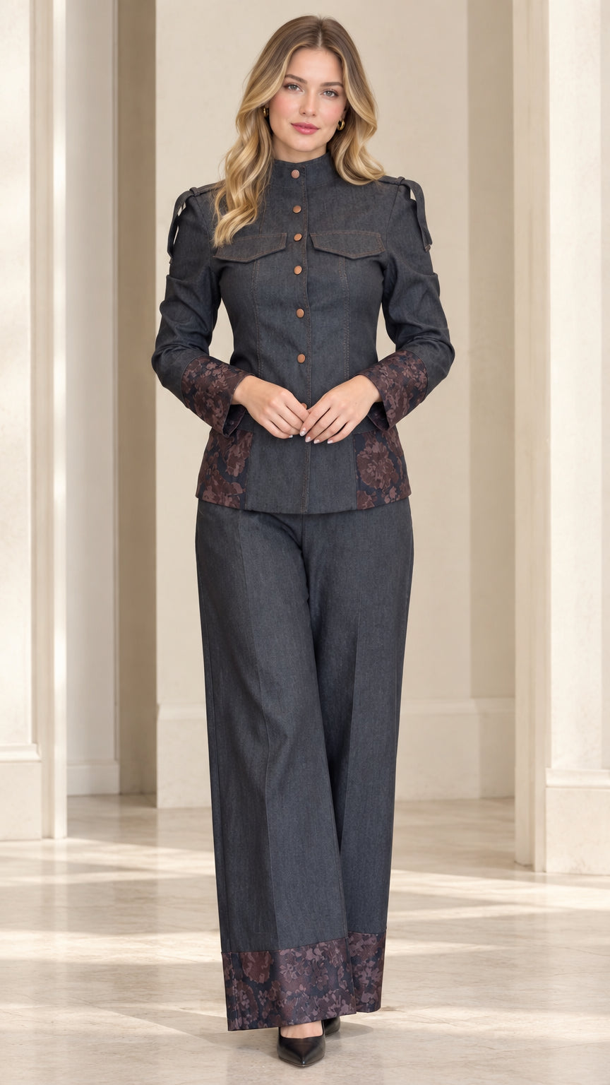 Full front view of charcoal grey mandarin collar jacket and wide-leg pantsuit set with floral jacquard trim