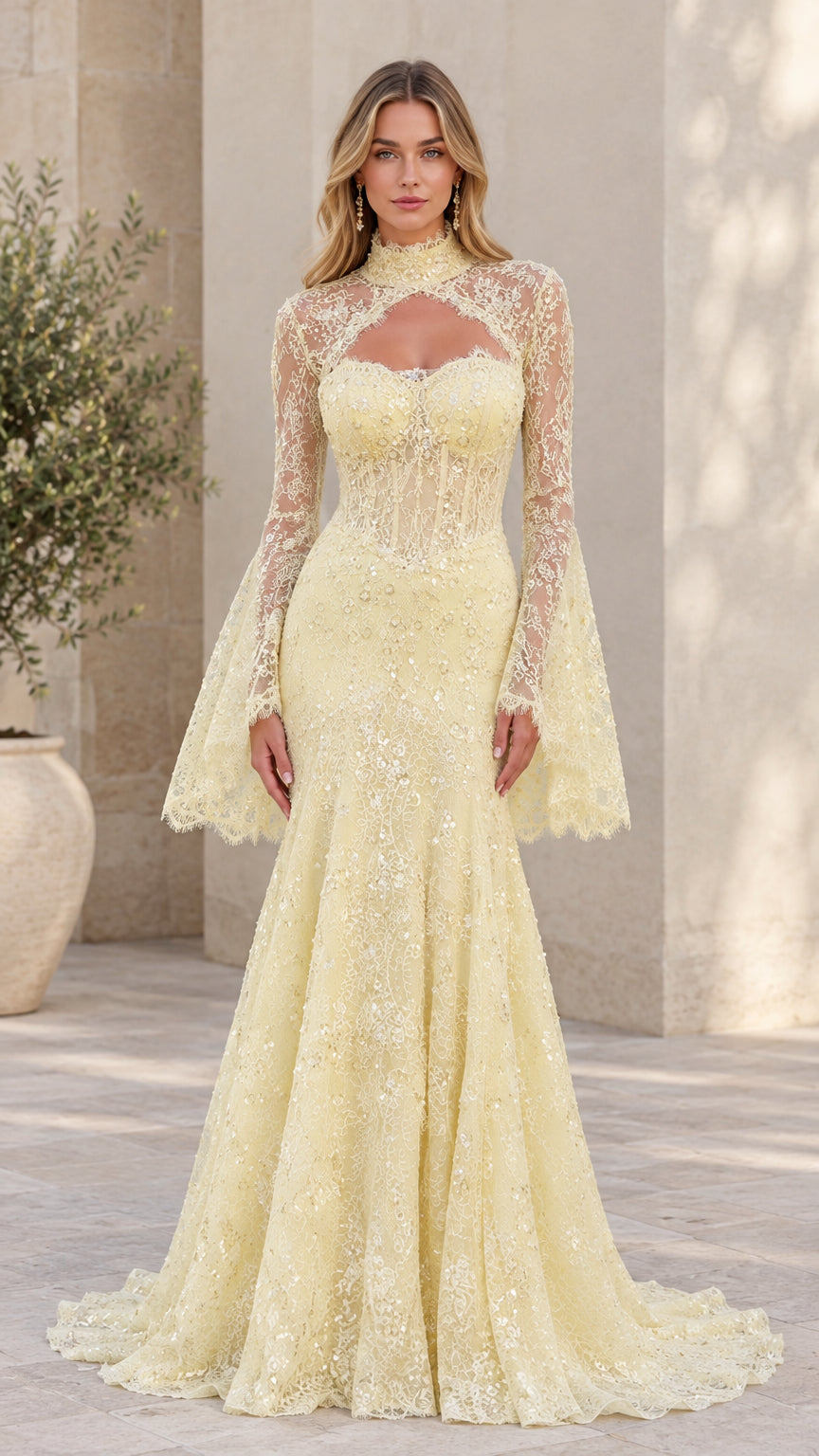 Front view of model wearing light yellow high-neck lace mermaid evening gown with bell sleeves