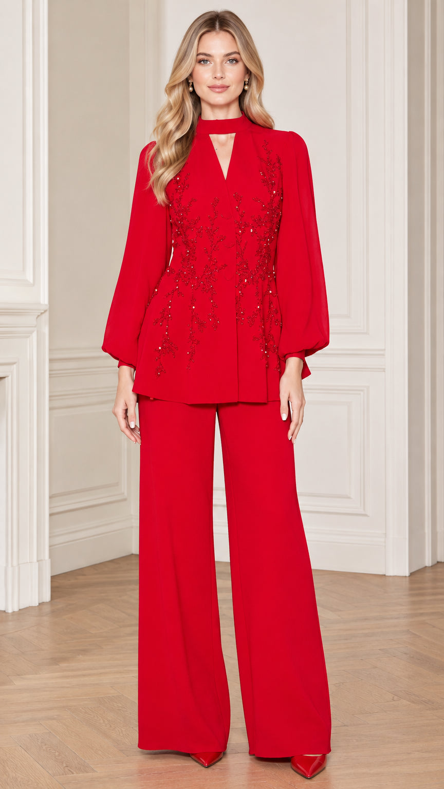 Red embroidered choker neck evening pant suit front view