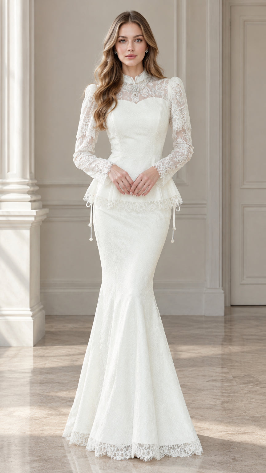 Front view of model wearing white long sleeve lace peplum mermaid formal gown