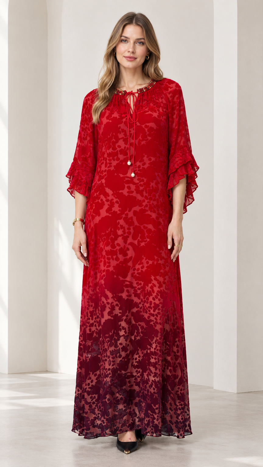 Front view of model wearing Ruby Red ombre chiffon maxi dress with flutter sleeves and beaded neck