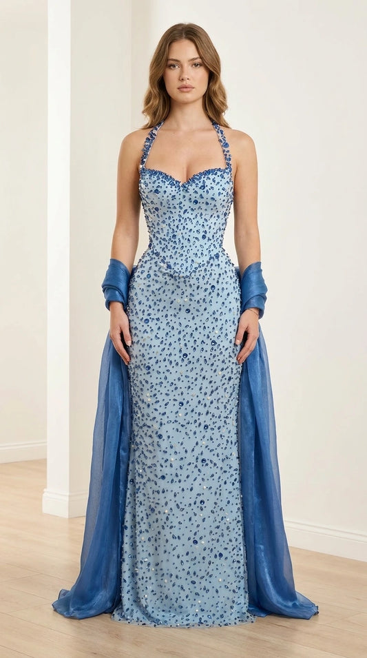 Front view of light blue embellished halter evening gown with wrap