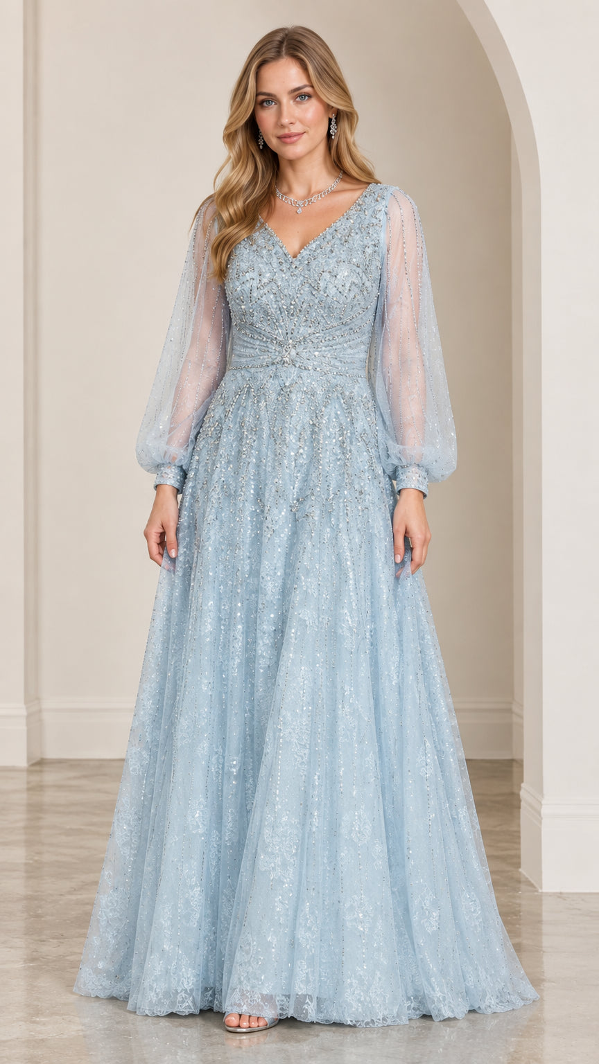 Front view of model wearing Light Blue beaded V-neck evening gown with bishop sleeves