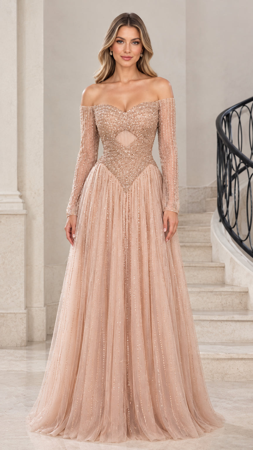 Front view of woman wearing Champagne off-the-shoulder beaded long sleeve evening gown