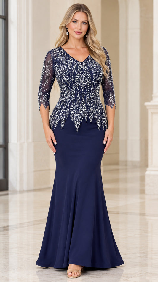 Front view of woman wearing navy blue rhinestone embellished V-neck evening gown with 3/4 sleeves