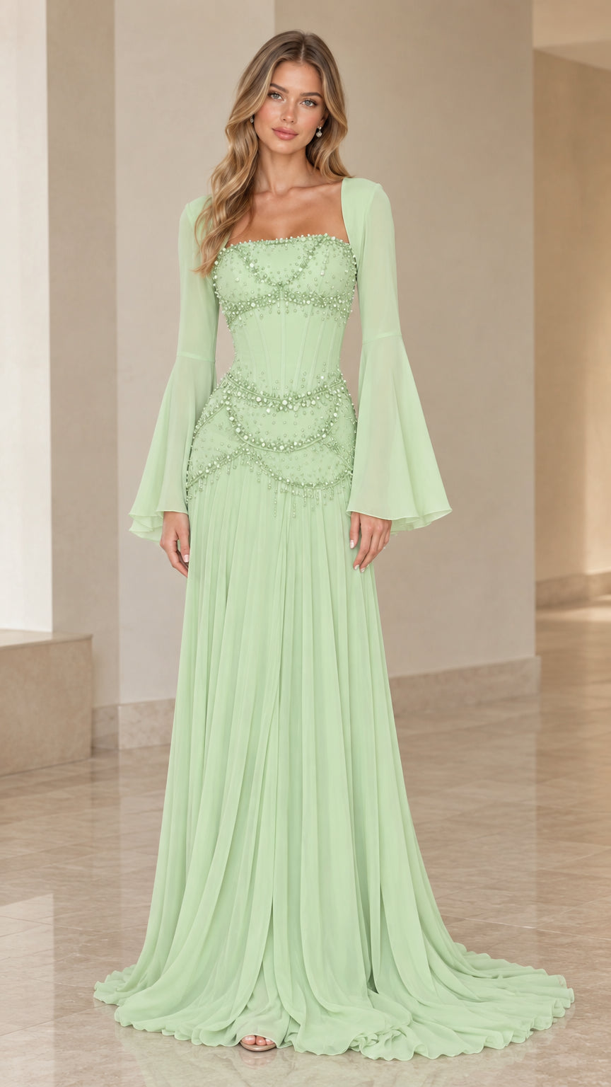 Mint green pearl-beaded corset evening gown with flared bell sleeves front view