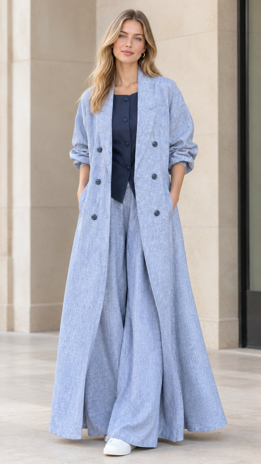 Full front view of women's light blue maxi duster coat and wide-leg trousers set