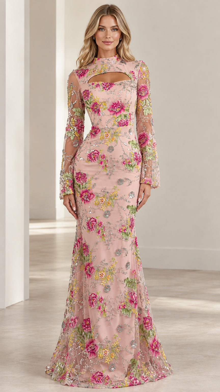 Front view of model wearing Blush Pink floral embroidered long sleeve evening gown with chest cutout