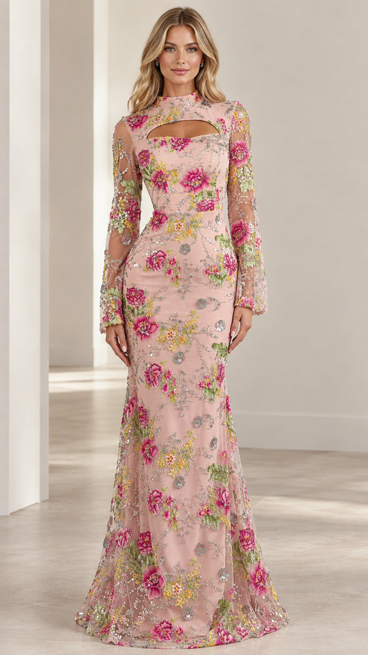 Front view of model wearing Blush Pink floral embroidered long sleeve evening gown with chest cutout