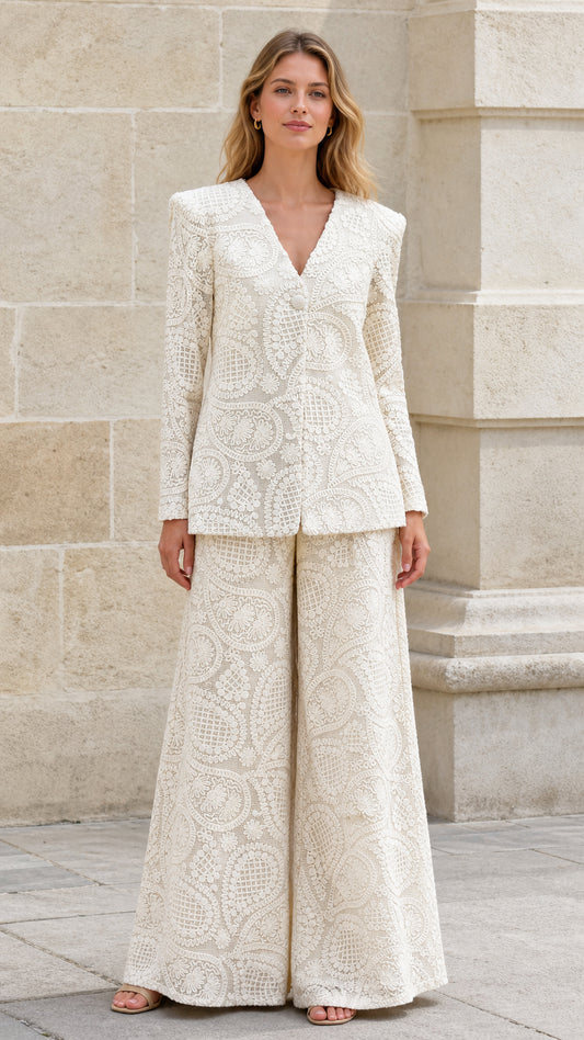 Front view of cream textured blazer and wide-leg pants set