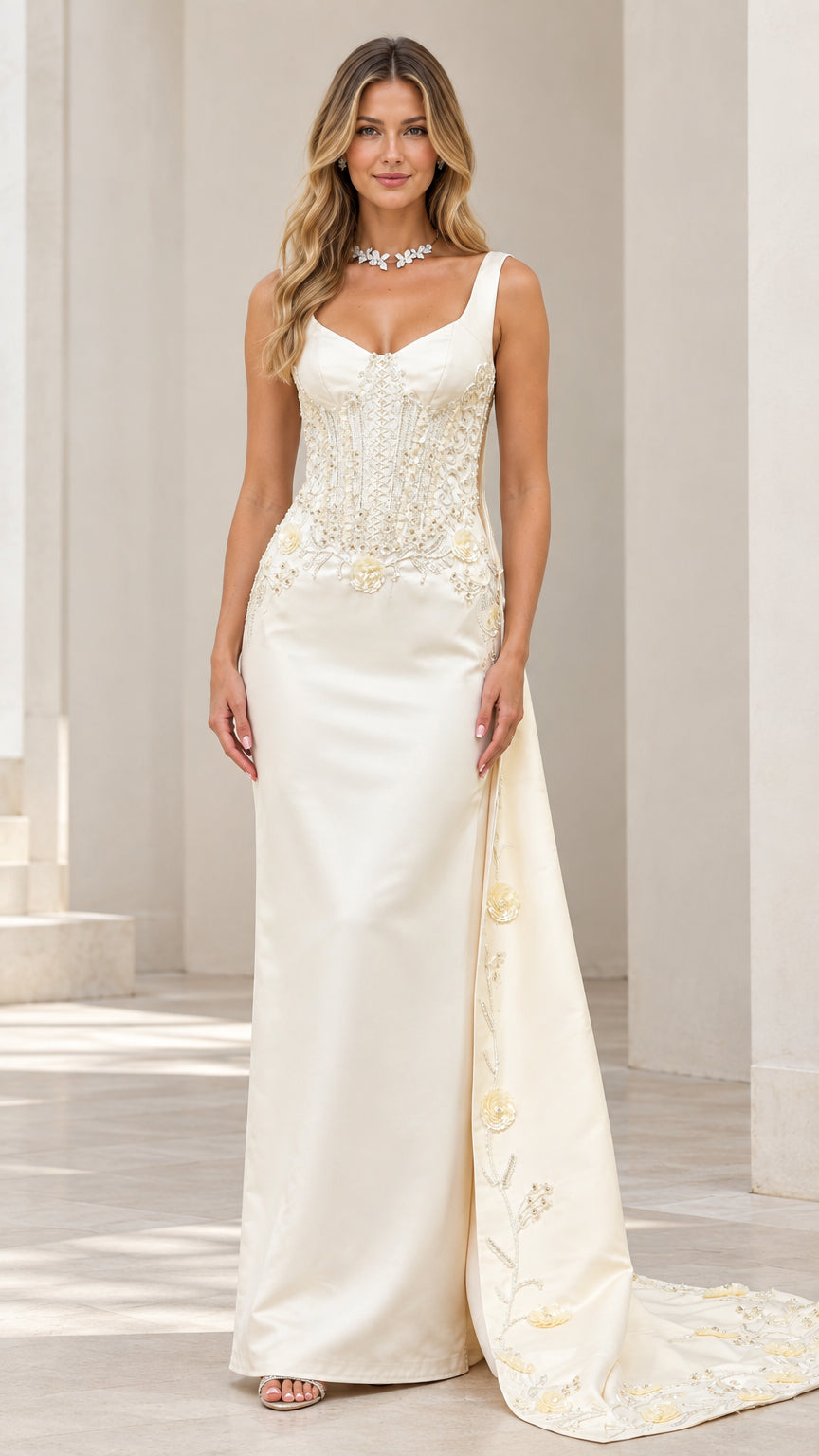 Front view of ivory corset evening gown with beaded embroidery and side train