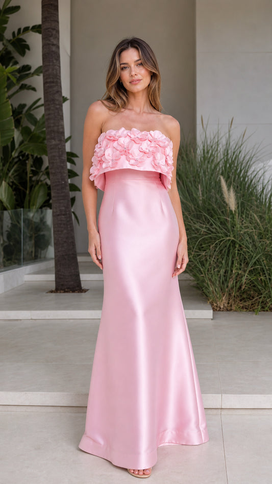 Front view of pink 3D floral strapless mermaid evening dress